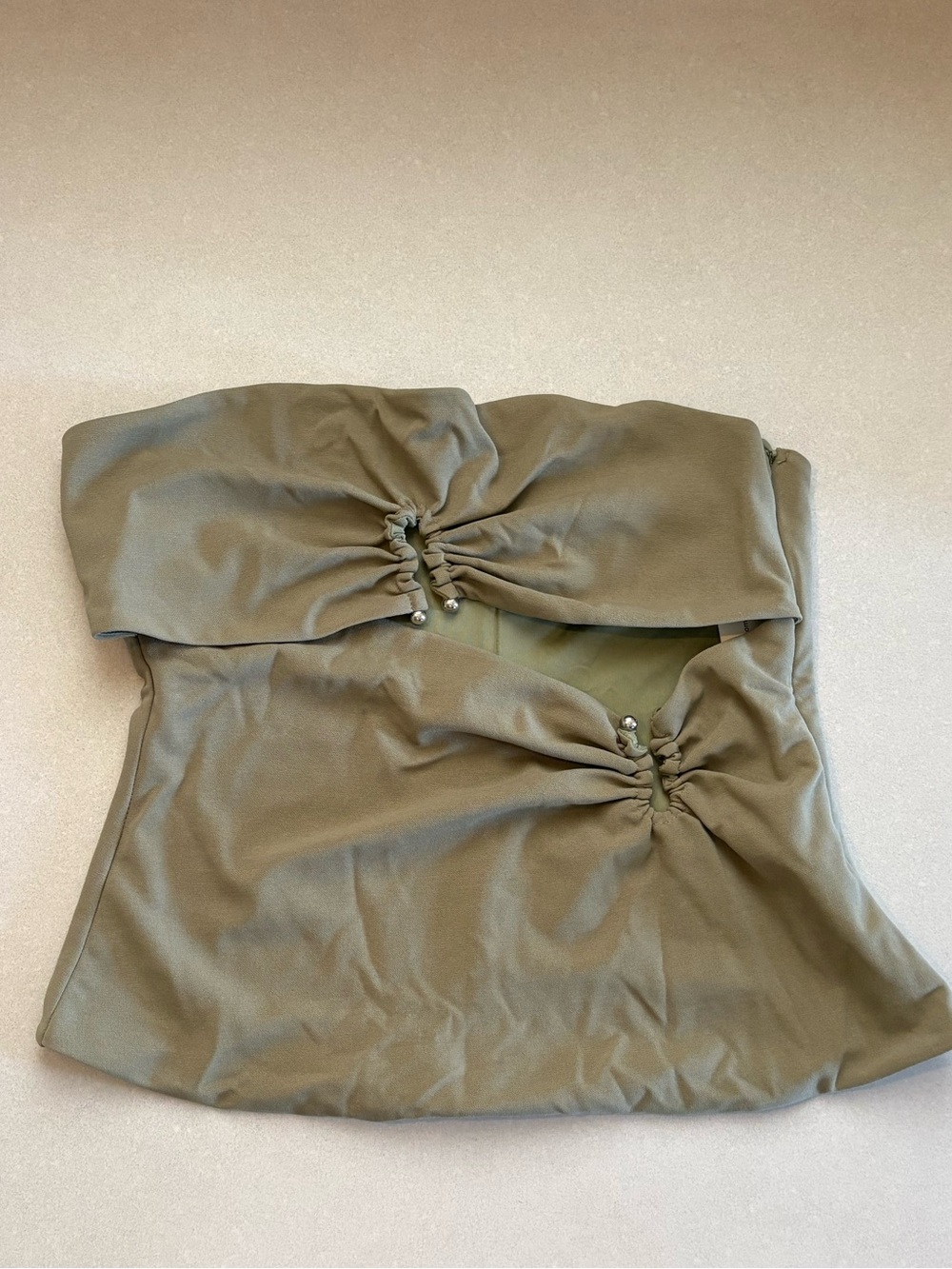 Commense Olive Green Strapless Ruched Crop Top